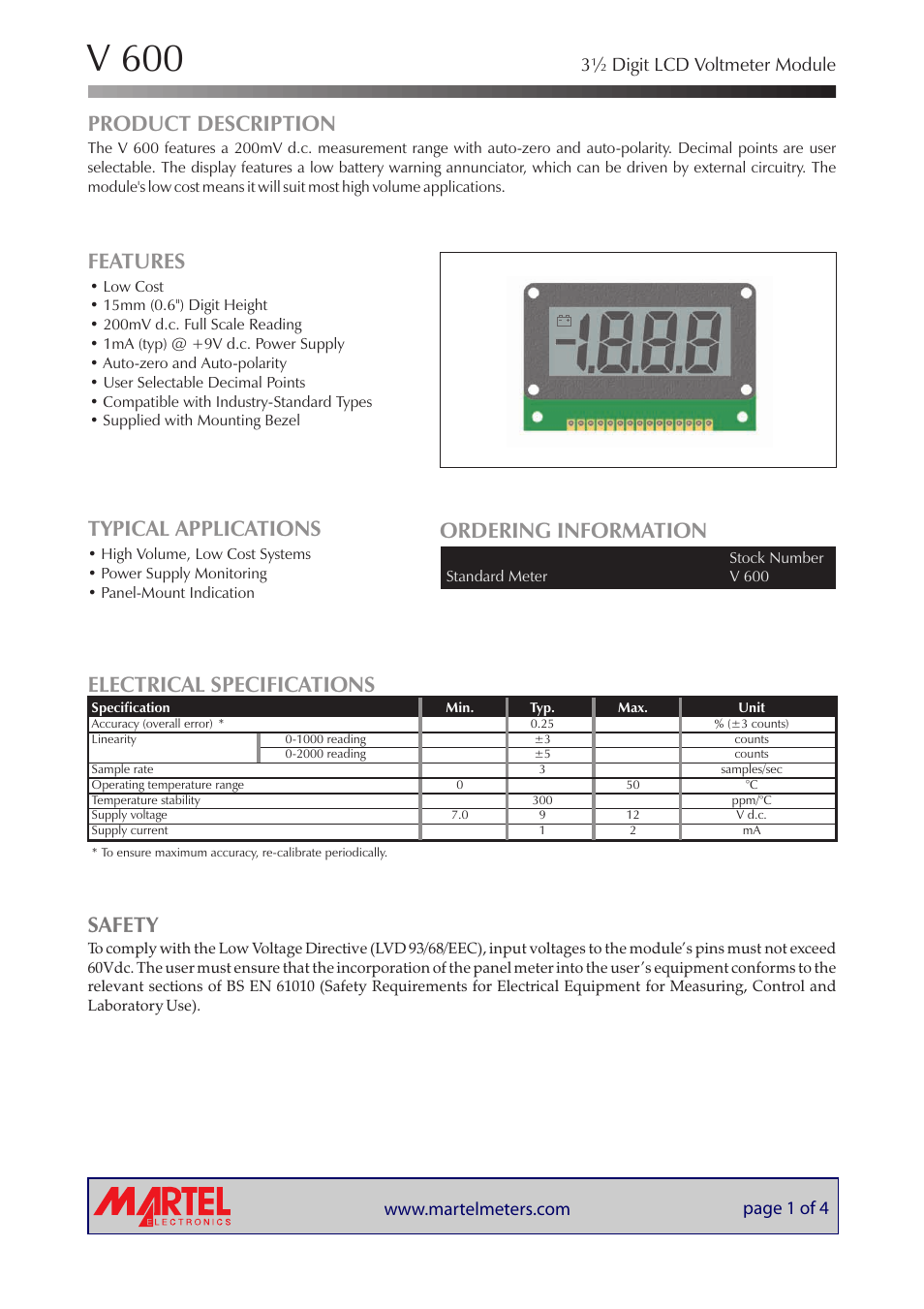Martel Electronics V600 User Manual | 4 pages