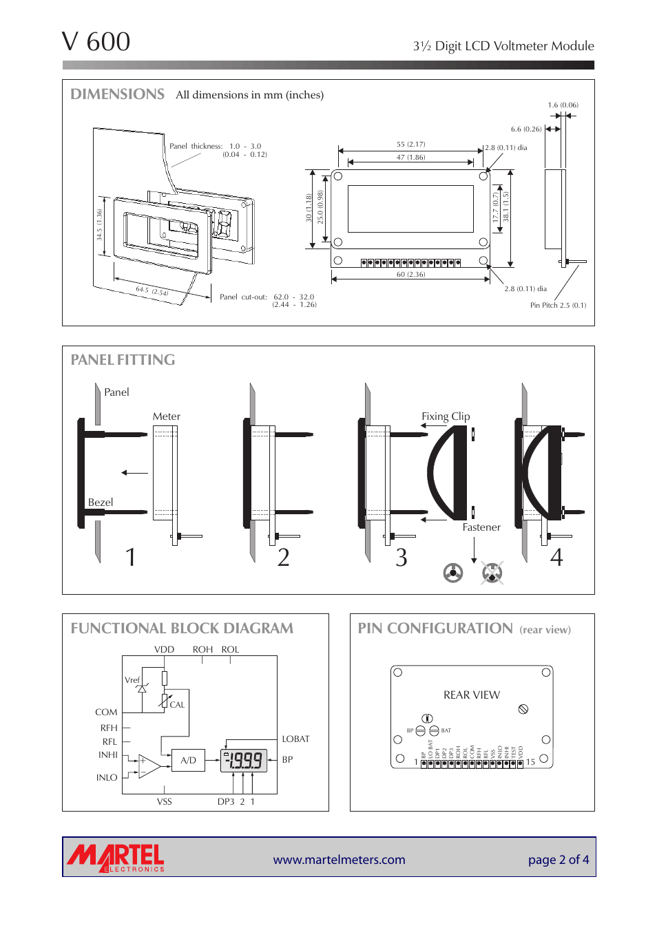 V 600, Dimensions, Panel fitting pin configuration | Functional block diagram, 3½ digit lcd voltmeter module | Martel Electronics V600 User Manual | Page 2 / 4