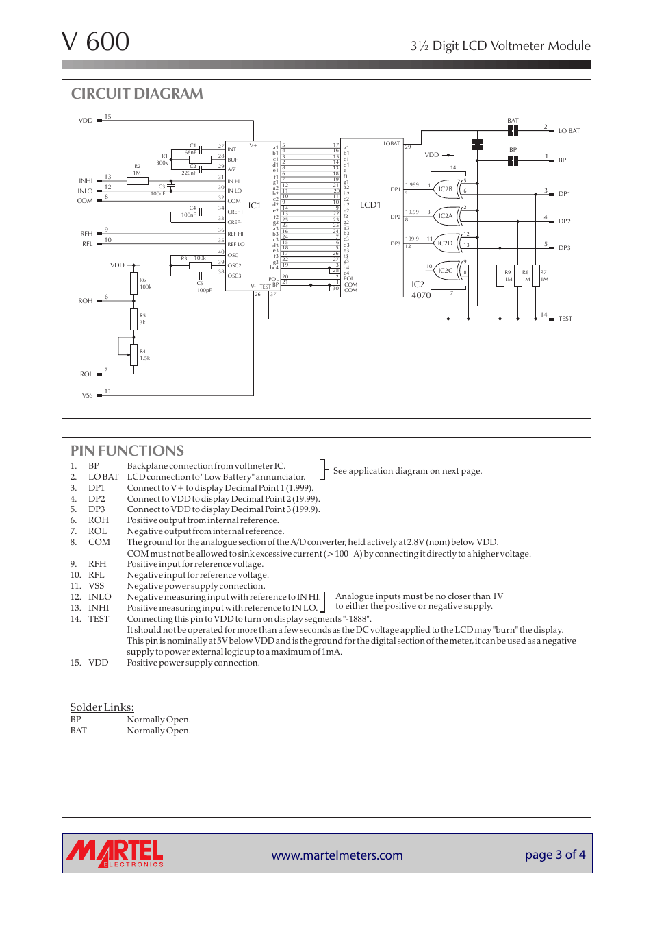 V 600, Pin functions, Circuit diagram | 3½ digit lcd voltmeter module, Solder links | Martel Electronics V600 User Manual | Page 3 / 4
