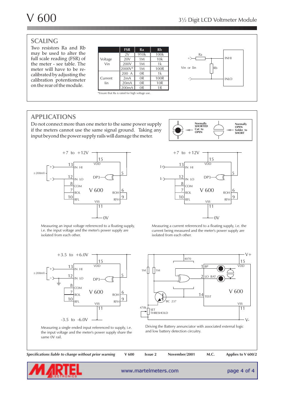 V 600, Scaling, Applications | 3½ digit lcd voltmeter module | Martel Electronics V600 User Manual | Page 4 / 4