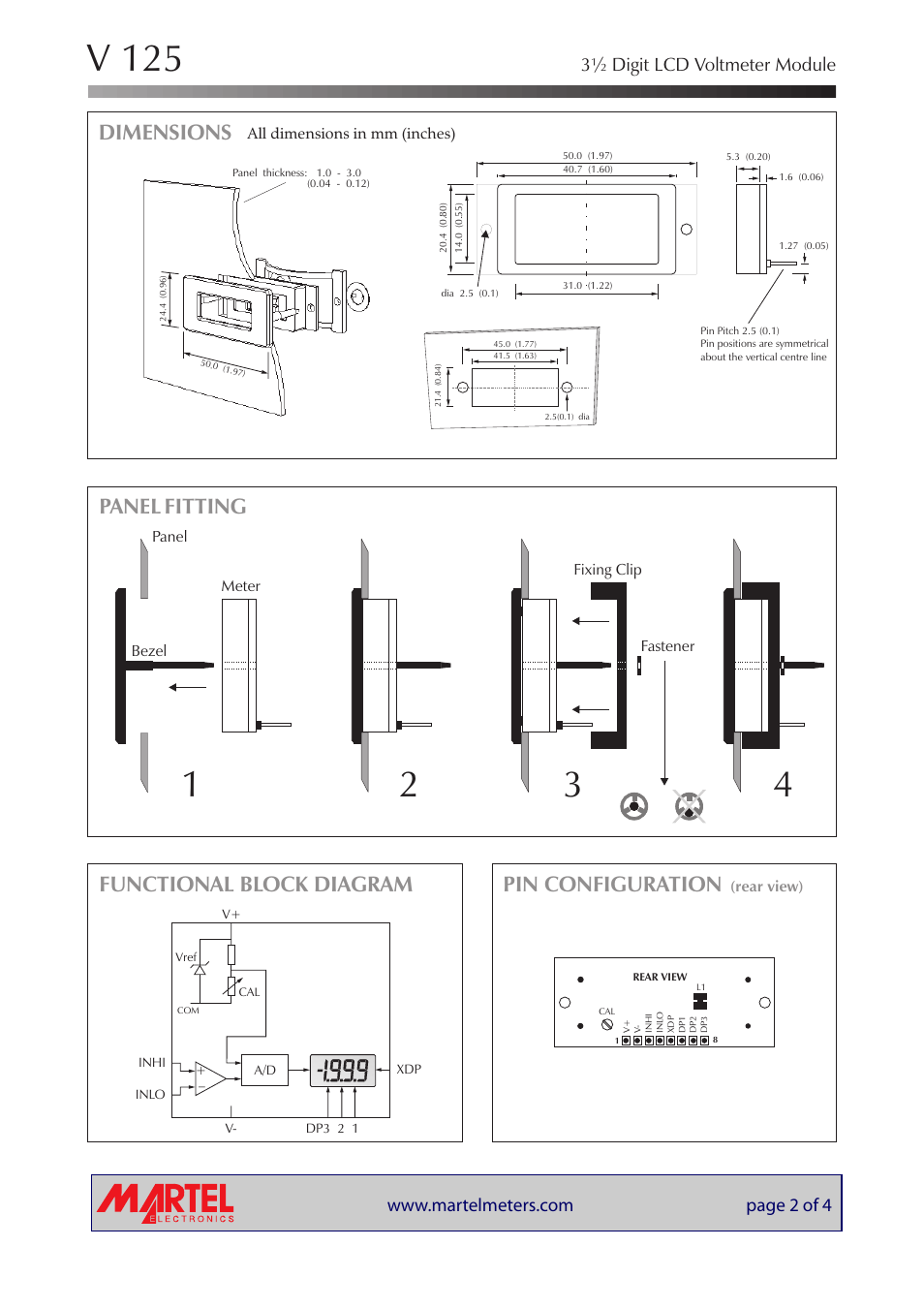 V 125, Dimensions, Panel fitting pin configuration | Functional block diagram, 3½ digit lcd voltmeter module | Martel Electronics V125 User Manual | Page 2 / 4