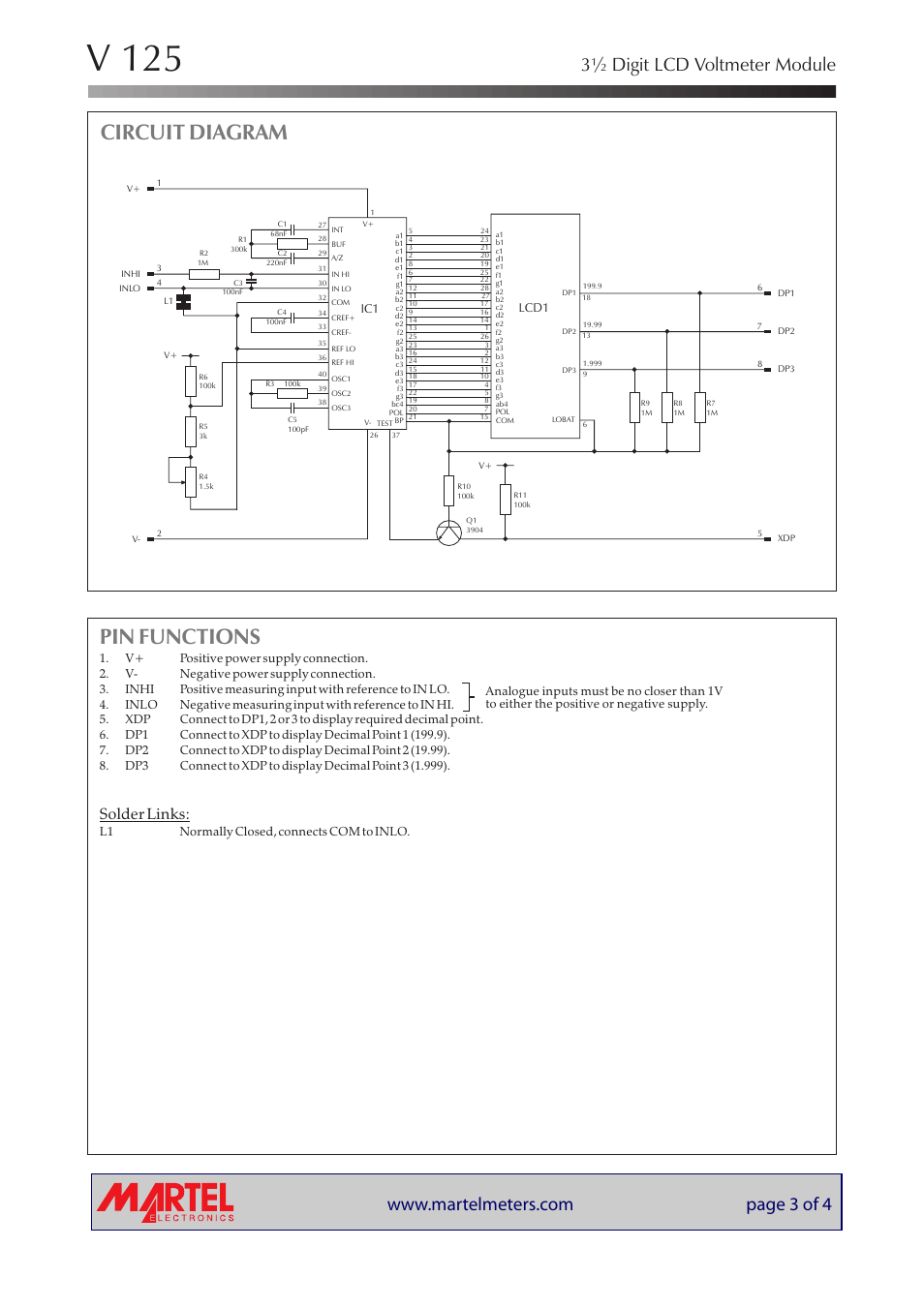 V 125, Pin functions, Circuit diagram | 3½ digit lcd voltmeter module, Solder links | Martel Electronics V125 User Manual | Page 3 / 4