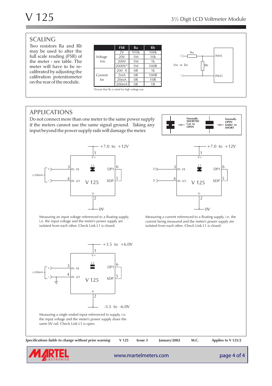 V 125, Scaling, Applications | 3½ digit lcd voltmeter module | Martel Electronics V125 User Manual | Page 4 / 4
