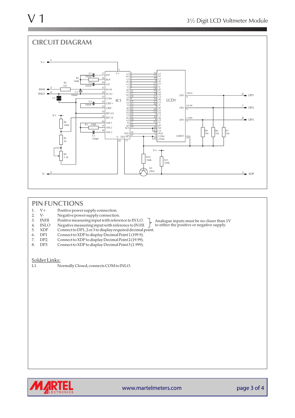 Pin functions, Circuit diagram, 3½ digit lcd voltmeter module | Solder links | Martel Electronics V1 User Manual | Page 3 / 4