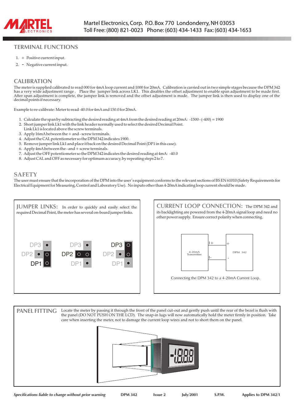 Terminal functions calibration safety, Panel fitting jumper links, Current loop connection | Martel Electronics DPM342 User Manual | Page 2 / 2