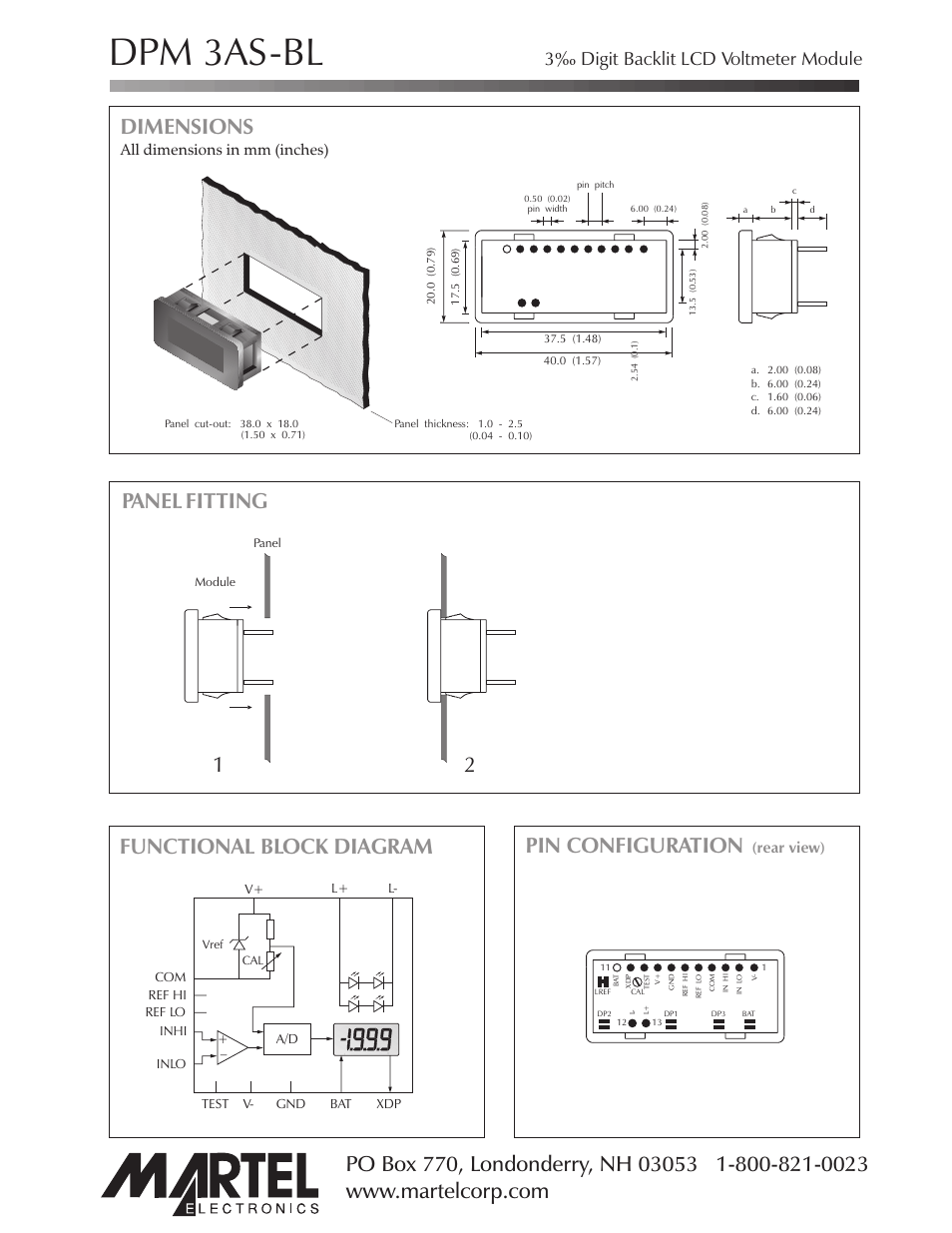 Dpm 3as-bl, Dimensions, 3‰ digit backlit lcd voltmeter module | All dimensions in mm (inches), Rear view) | Martel Electronics DPM 3AS-BL User Manual | Page 2 / 4