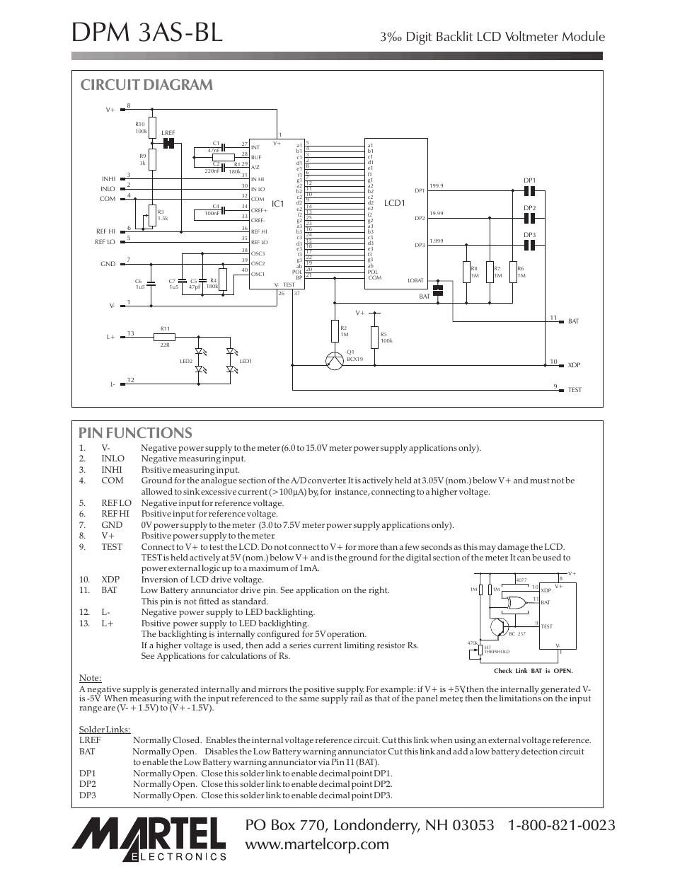 Dpm 3as-bl, Circuit diagram pin functions, 3‰ digit backlit lcd voltmeter module | Martel Electronics DPM 3AS-BL User Manual | Page 3 / 4