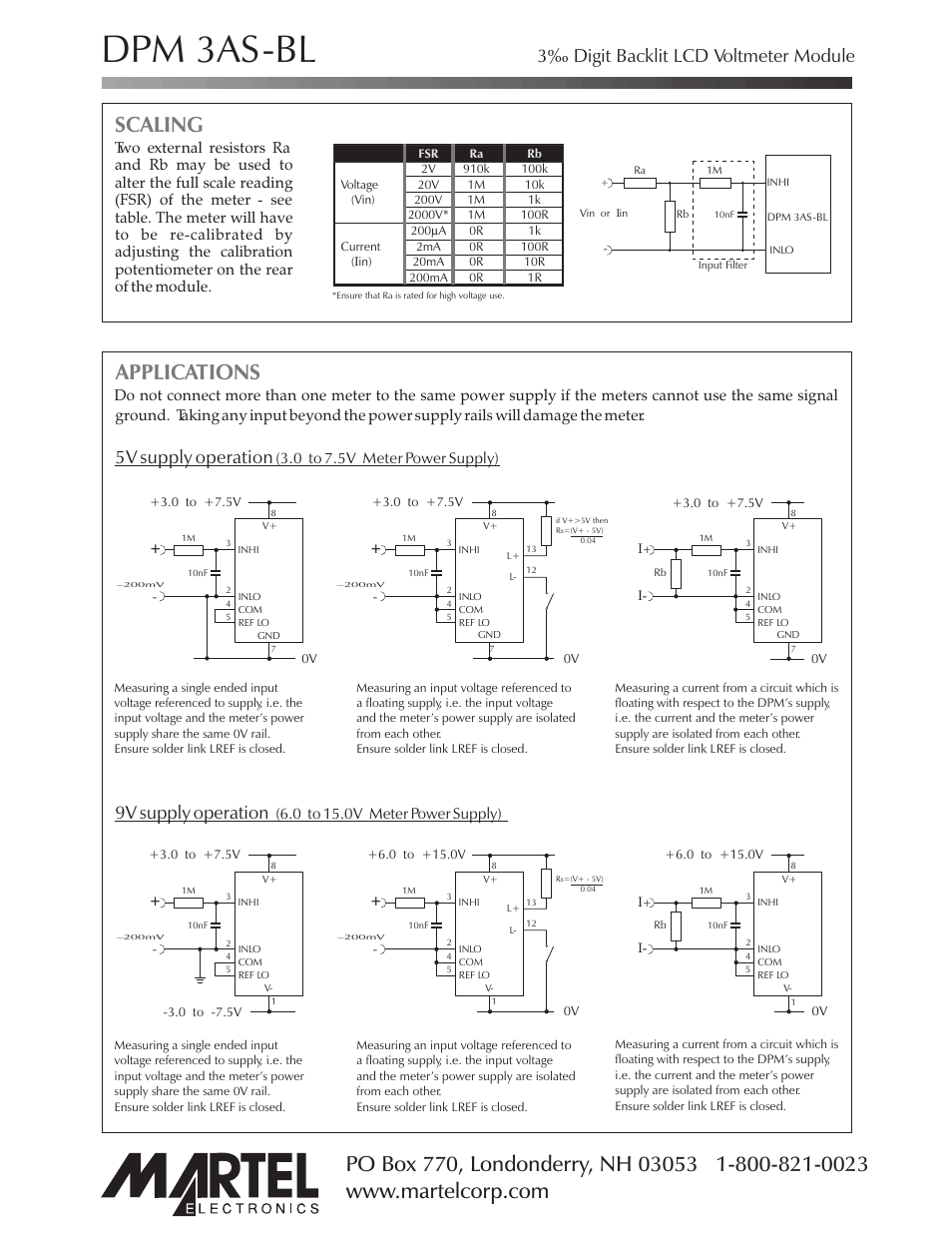 Dpm 3as-bl, Applications, Scaling | 3‰ digit backlit lcd voltmeter module, 5v supply operation, 9v supply operation, 0 to 7.5v meter power supply), 0 to 15.0v meter power supply) | Martel Electronics DPM 3AS-BL User Manual | Page 4 / 4