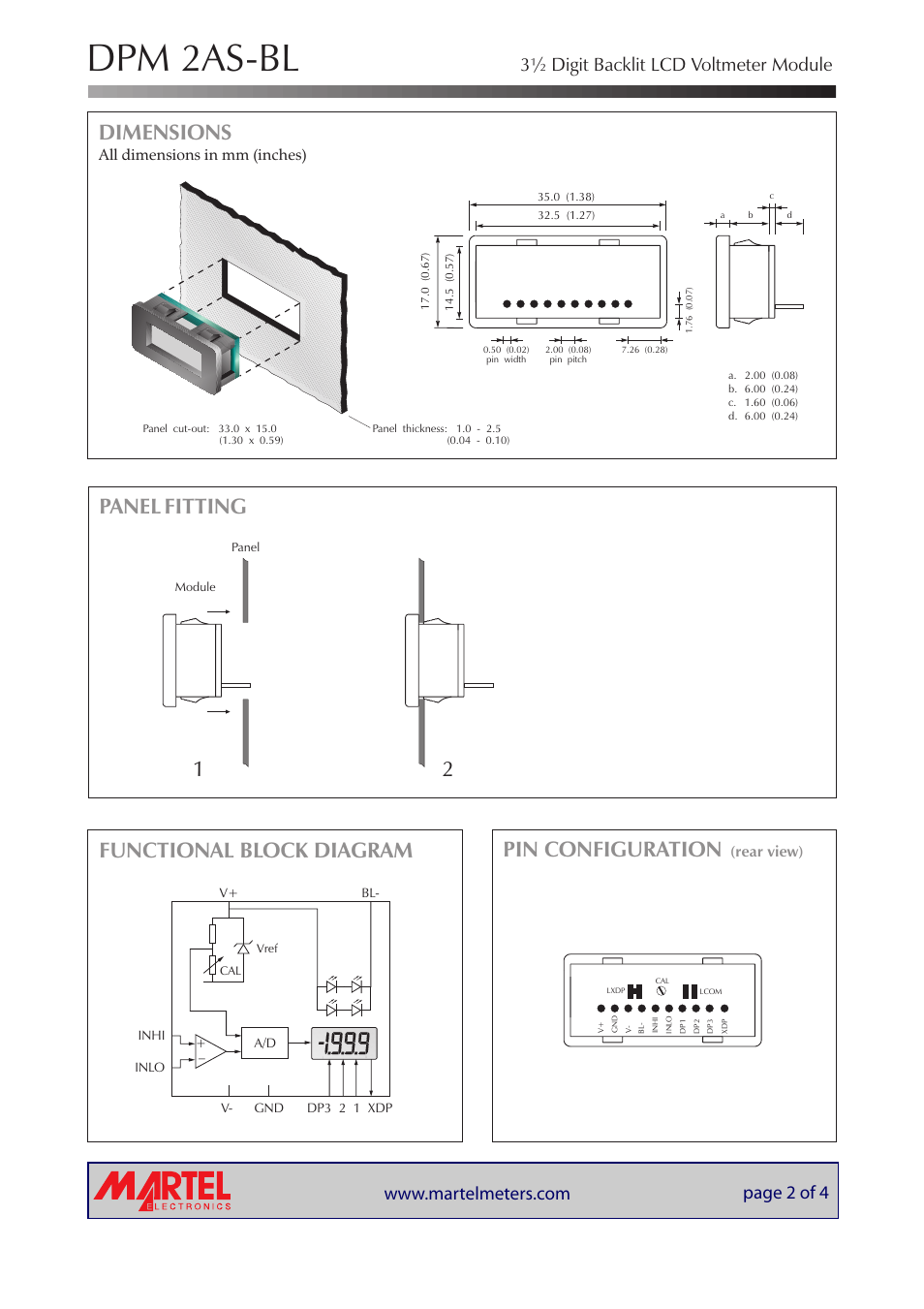 Dpm 2as-bl, Dimensions, Panel fitting pin configuration | Functional block diagram, 3½ digit backlit lcd voltmeter module, All dimensions in mm (inches), Rear view) | Martel Electronics DPM 2AS-BL User Manual | Page 2 / 4