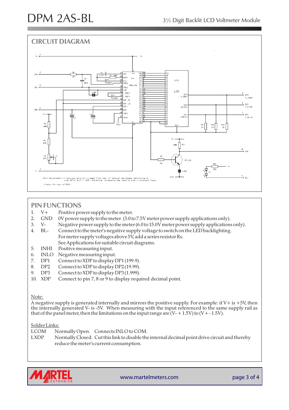 Dpm 2as-bl, Circuit diagram, Pin functions | Martel Electronics DPM 2AS-BL User Manual | Page 3 / 4