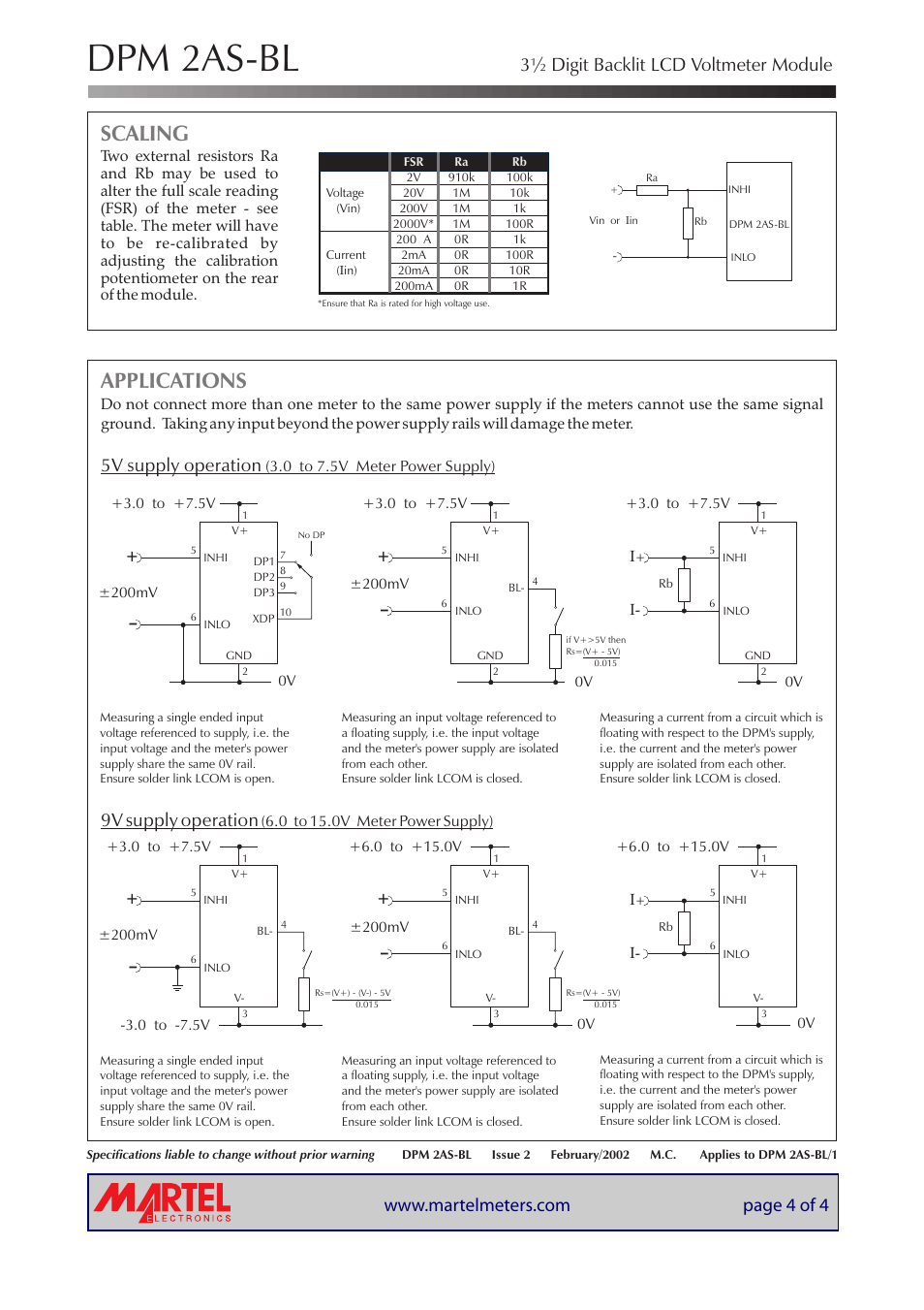 Dpm 2as-bl, Applications, Scaling | 3½ digit backlit lcd voltmeter module, 5v supply operation, 9v supply operation | Martel Electronics DPM 2AS-BL User Manual | Page 4 / 4