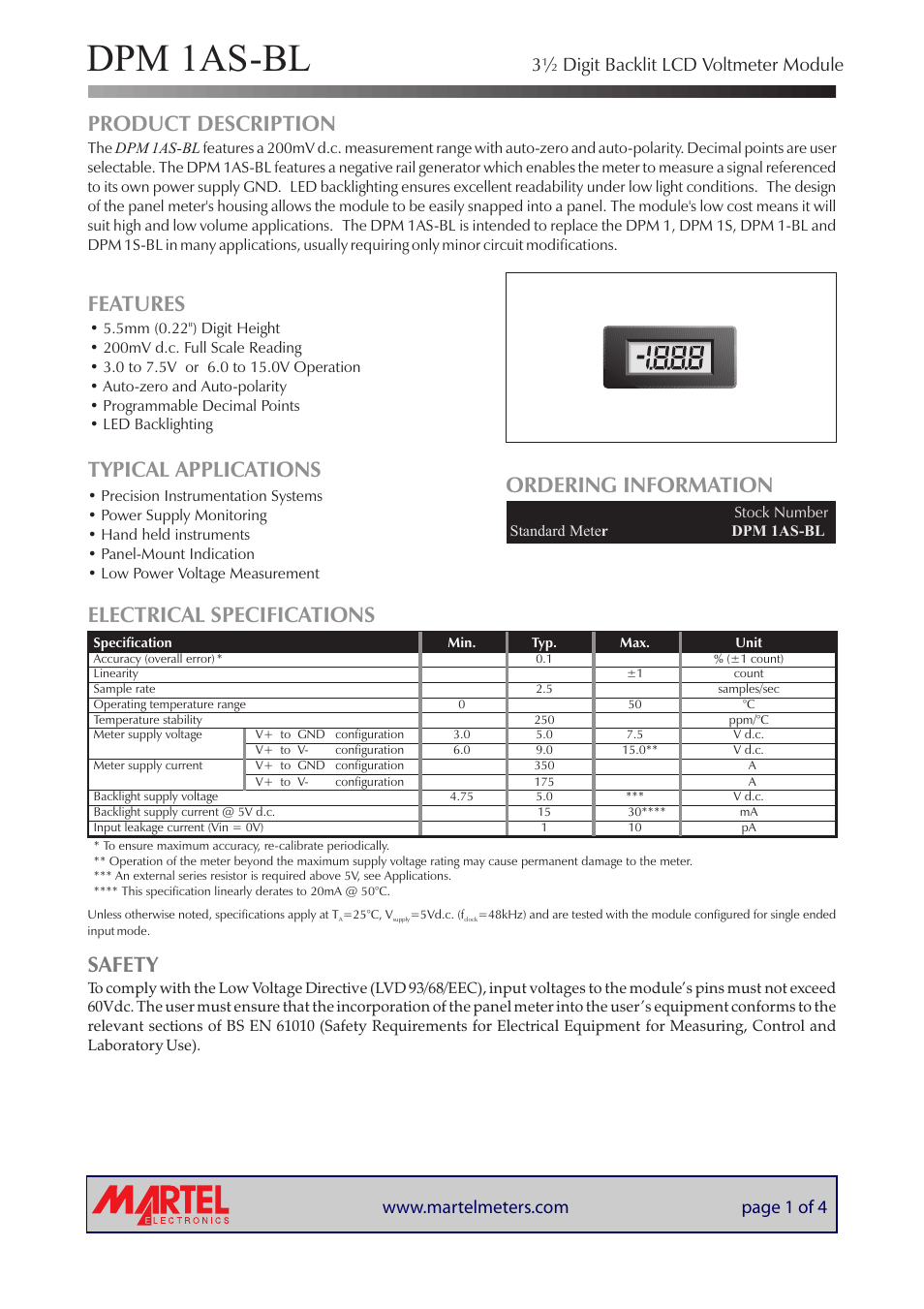 Martel Electronics DPM 1AS-BL User Manual | 4 pages