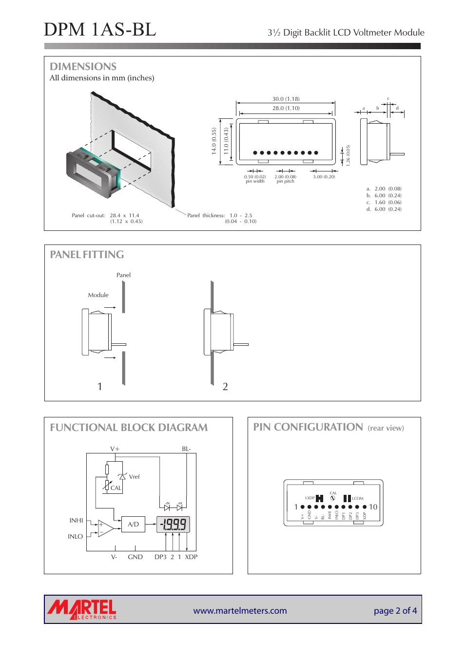 Dpm 1as-bl, Dimensions, Panel fitting pin configuration | Functional block diagram, 3½ digit backlit lcd voltmeter module, All dimensions in mm (inches), Rear view) | Martel Electronics DPM 1AS-BL User Manual | Page 2 / 4