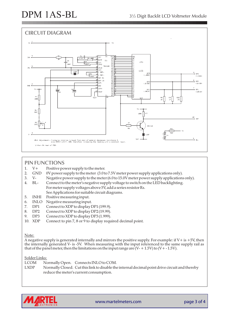 Dpm 1as-bl, Circuit diagram, Pin functions | Martel Electronics DPM 1AS-BL User Manual | Page 3 / 4