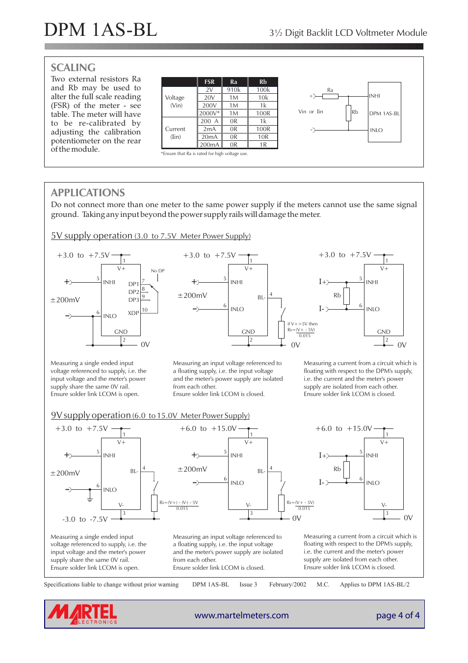 Dpm 1as-bl, Applications, Scaling | 3½ digit backlit lcd voltmeter module, 5v supply operation, 9v supply operation | Martel Electronics DPM 1AS-BL User Manual | Page 4 / 4