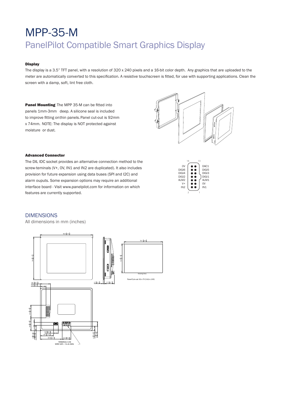 Mpp- 35-m, Panelpilot compatible smart graphics display, Dimensions | All dimensions in mm (inches) | Martel Electronics MPP-35-M User Manual | Page 3 / 5