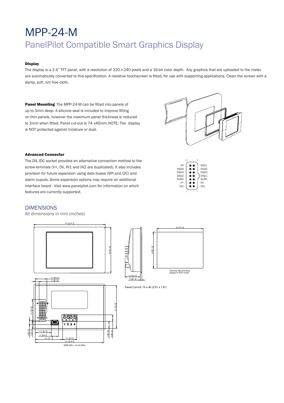 Mpp- 24-m, Panelpilot compatible smart graphics display, Dimensions | All dimensions in mm (inches) | Martel Electronics MPP-24-M User Manual | Page 3 / 5