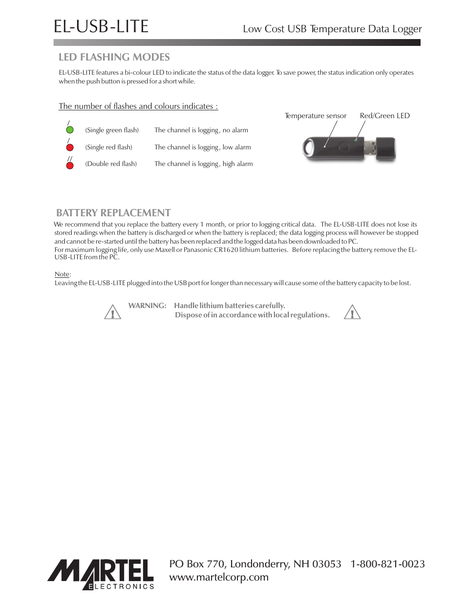 El-usb-lite, Low cost usb temperature data logger, Led flashing modes | Battery replacement | Martel Electronics EL-USB-LITE User Manual | Page 2 / 2