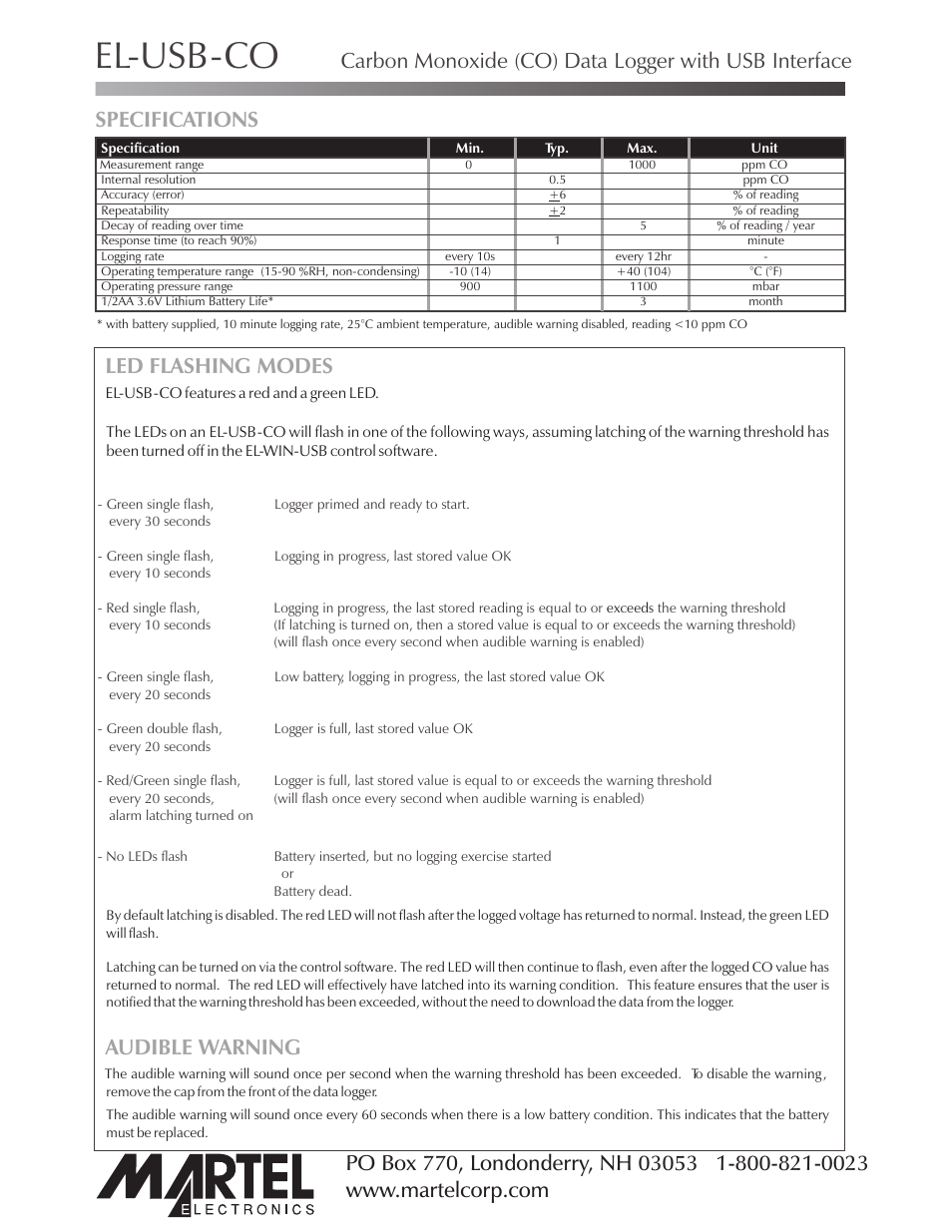 El-usb-co, Led flashing modes audible warning, Specifications | Martel Electronics EL-USB-CO User Manual | Page 2 / 3