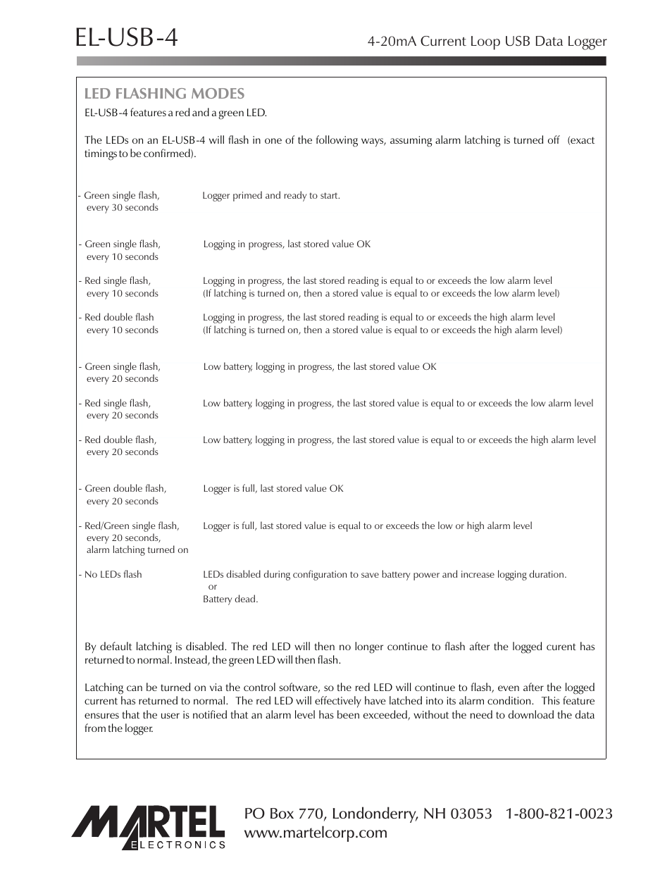 El-usb-4, Led flashing modes, 20ma current loop usb data logger | Martel Electronics EL-USB-4 User Manual | Page 2 / 3