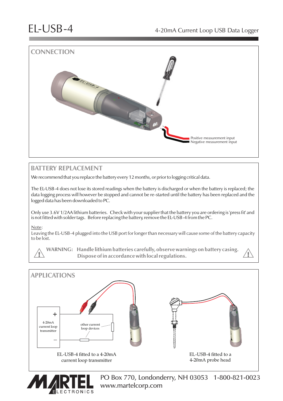 El-usb-4, Connection battery replacement, Applications | 20ma current loop usb data logger | Martel Electronics EL-USB-4 User Manual | Page 3 / 3