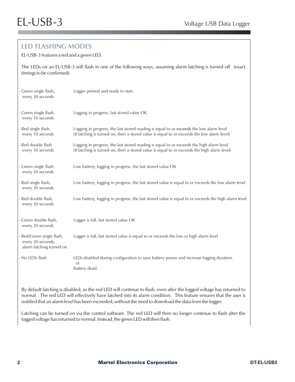 El-usb-3, Led flashing modes, Voltage usb data logger | Martel Electronics EL-USB-3 User Manual | Page 2 / 3