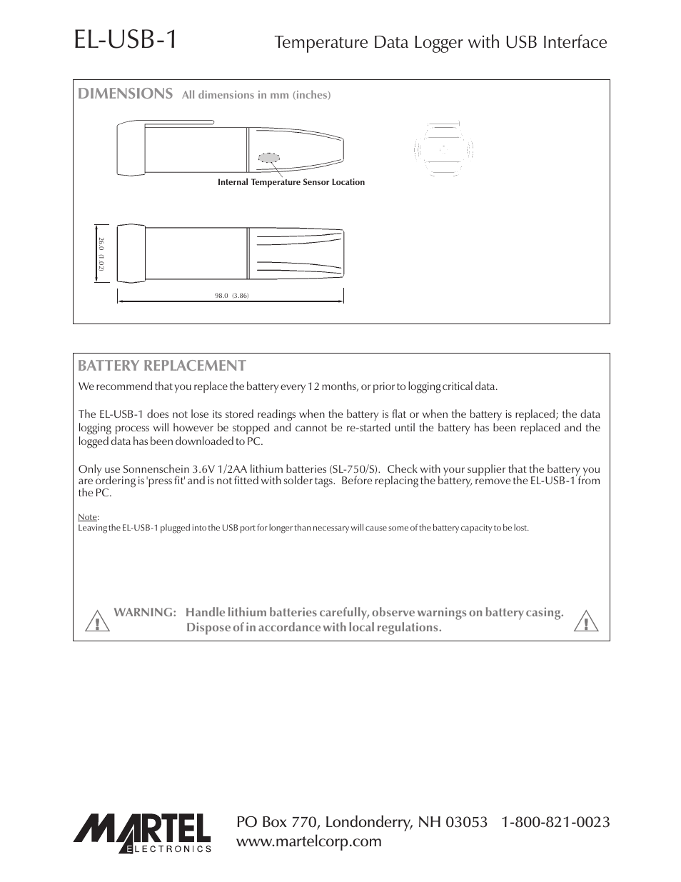 El-usb-1, Temperature data logger with usb interface, Dimensions | Battery replacement | Martel Electronics EL-USB-1 User Manual | Page 3 / 3