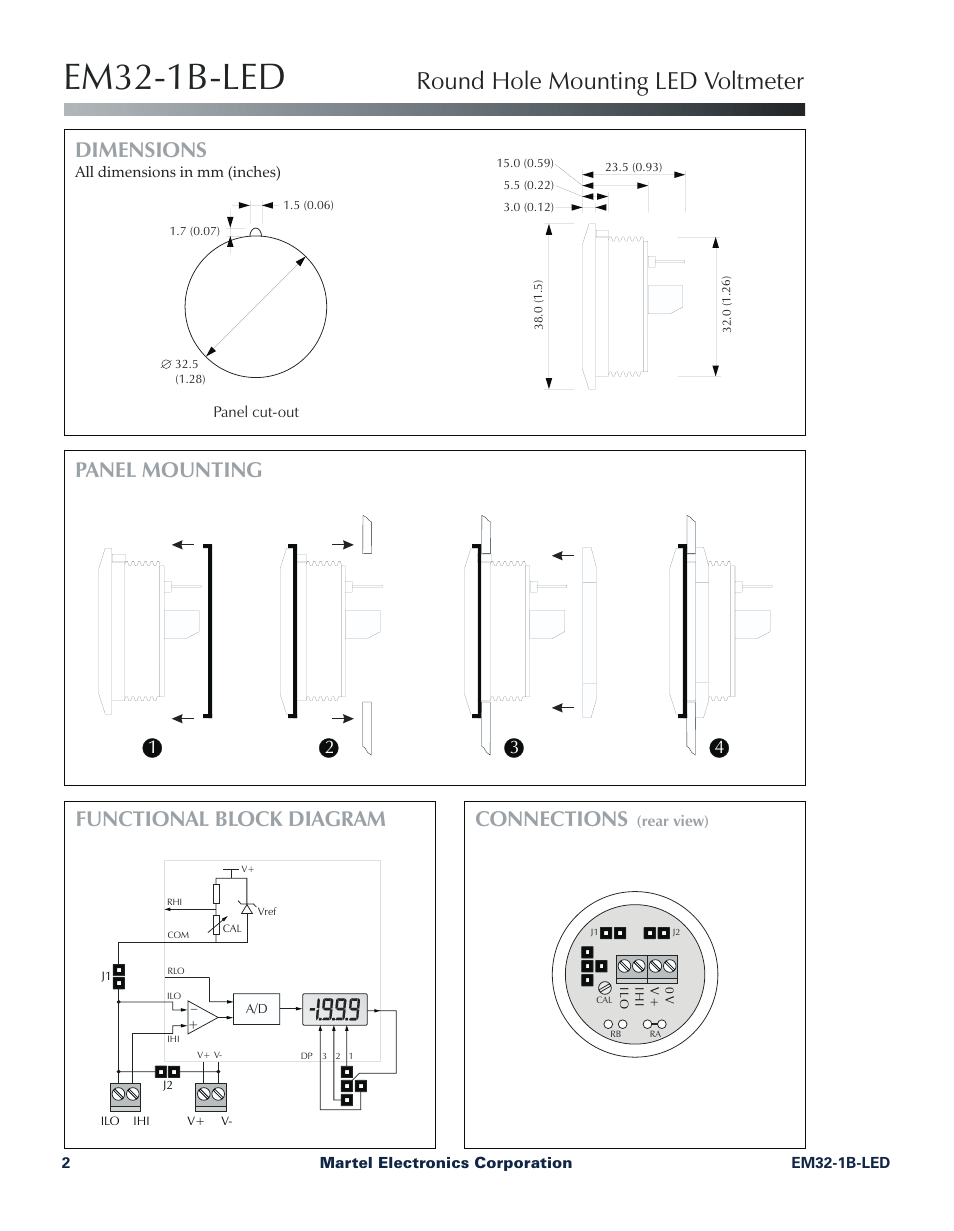 Em32-1b-led, Round hole mounting led voltmeter, Dimensions | Panel mounting, Connections, Functional block diagram | Martel Electronics EM32-1B-LED User Manual | Page 2 / 4