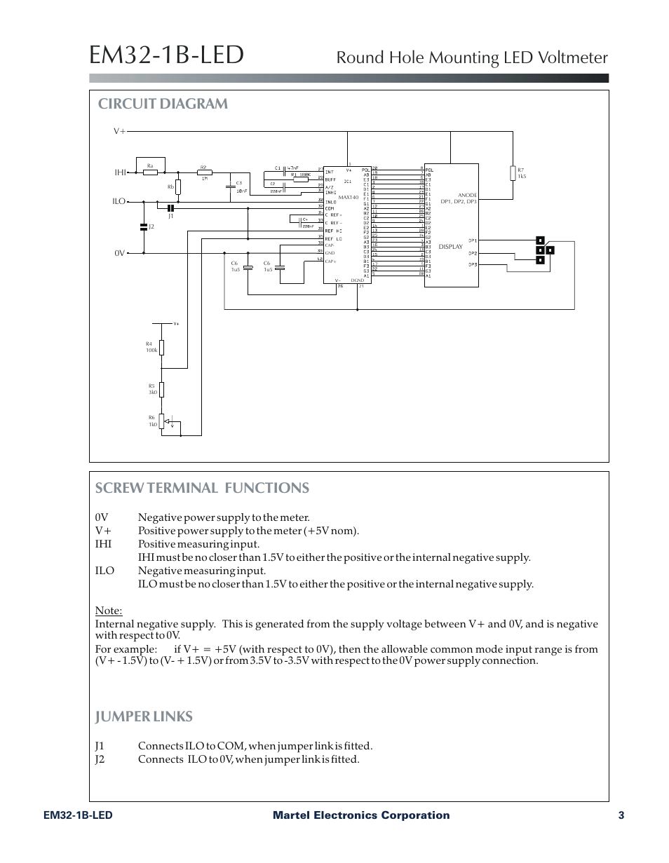 Em32-1b-led, Round hole mounting led voltmeter, Circuit diagram | Screw terminal functions jumper links | Martel Electronics EM32-1B-LED User Manual | Page 3 / 4