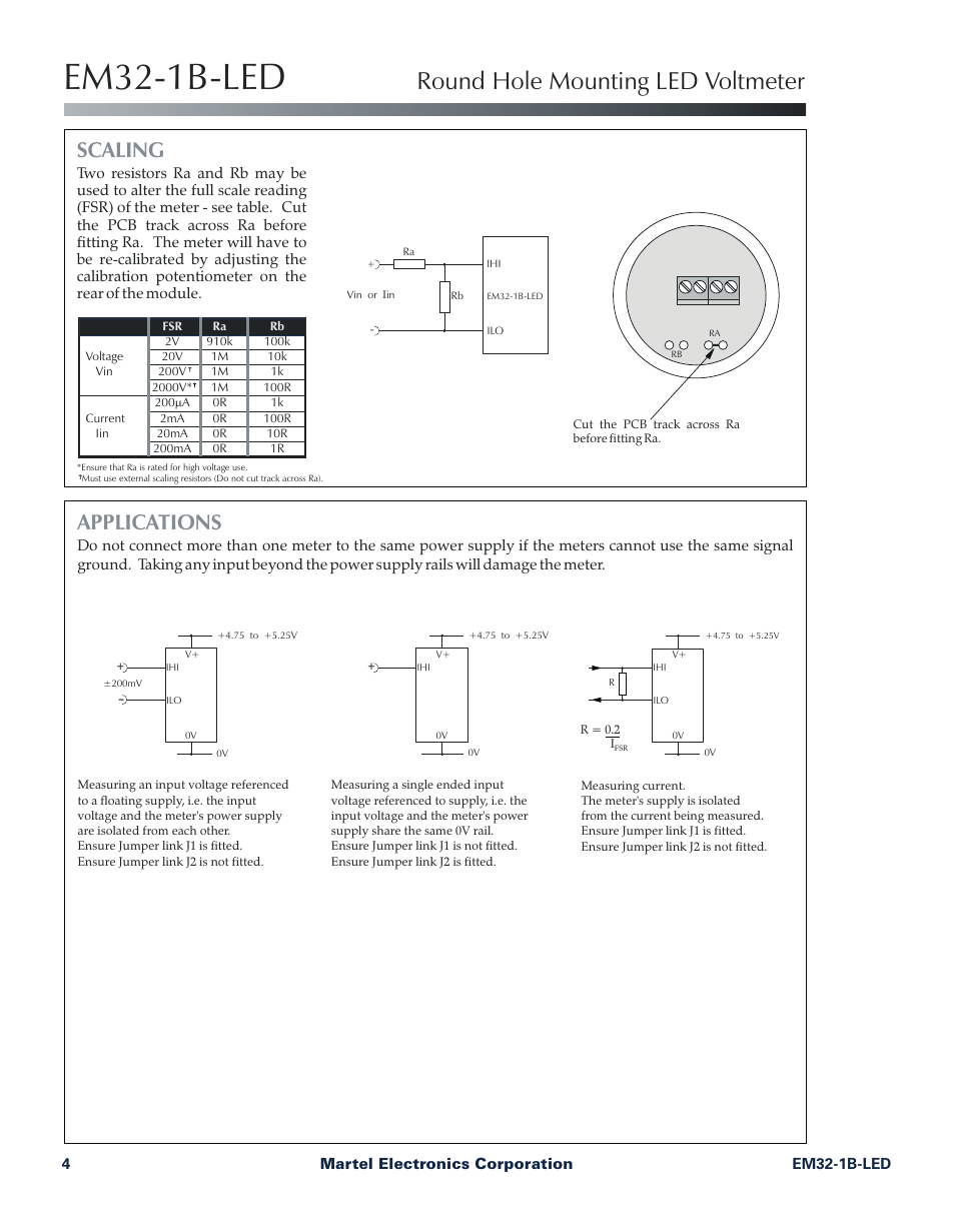 Em32-1b-led, Round hole mounting led voltmeter, Scaling | Applications | Martel Electronics EM32-1B-LED User Manual | Page 4 / 4