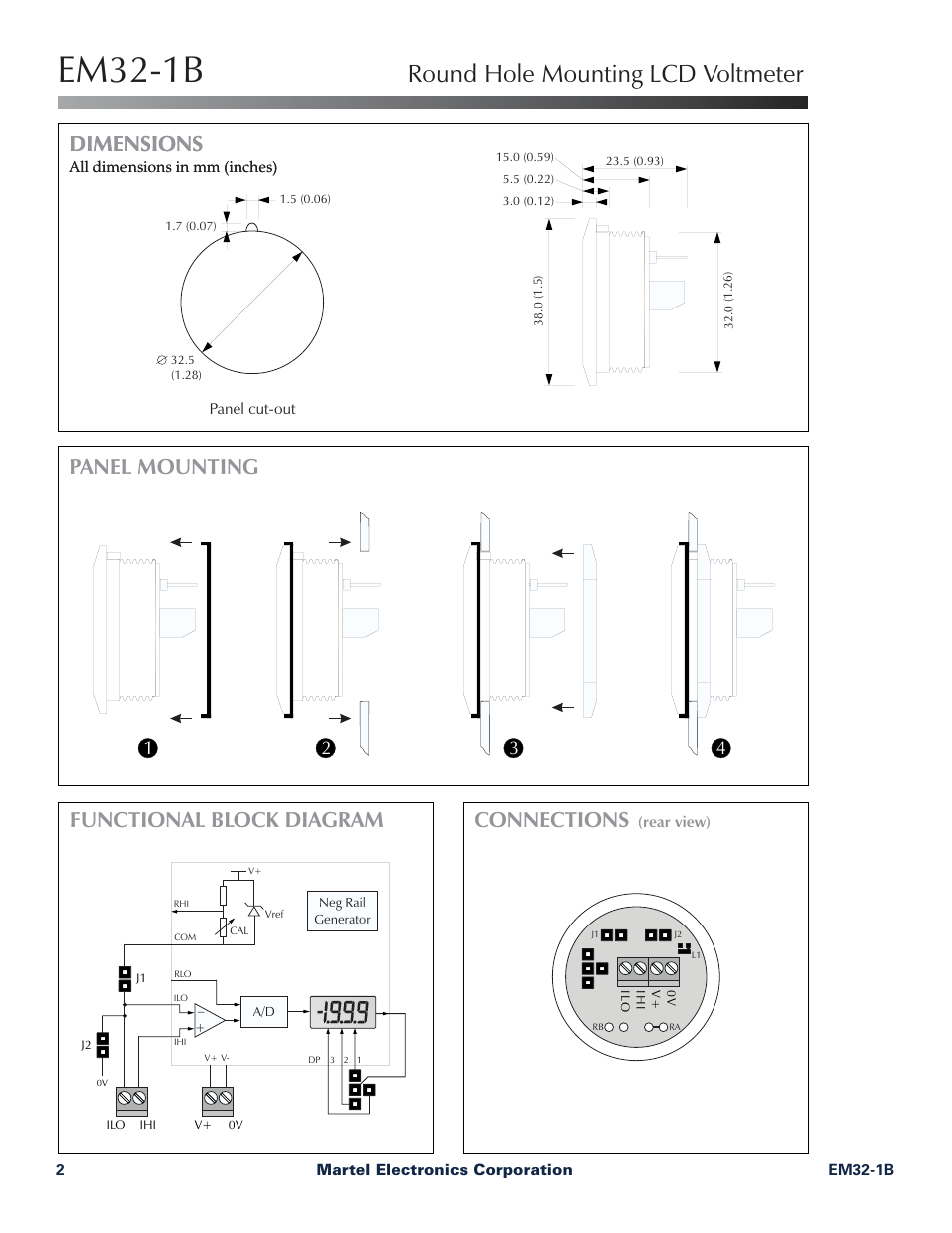 Em32-1b, Round hole mounting lcd voltmeter, Dimensions | Functional block diagram, Panel mounting, Connections | Martel Electronics EM32-1B User Manual | Page 2 / 4