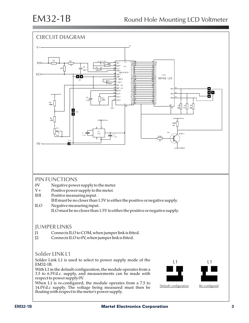 Em32-1b, Round hole mounting lcd voltmeter, Pin functions jumper links solder link l1 | Circuit diagram | Martel Electronics EM32-1B User Manual | Page 3 / 4