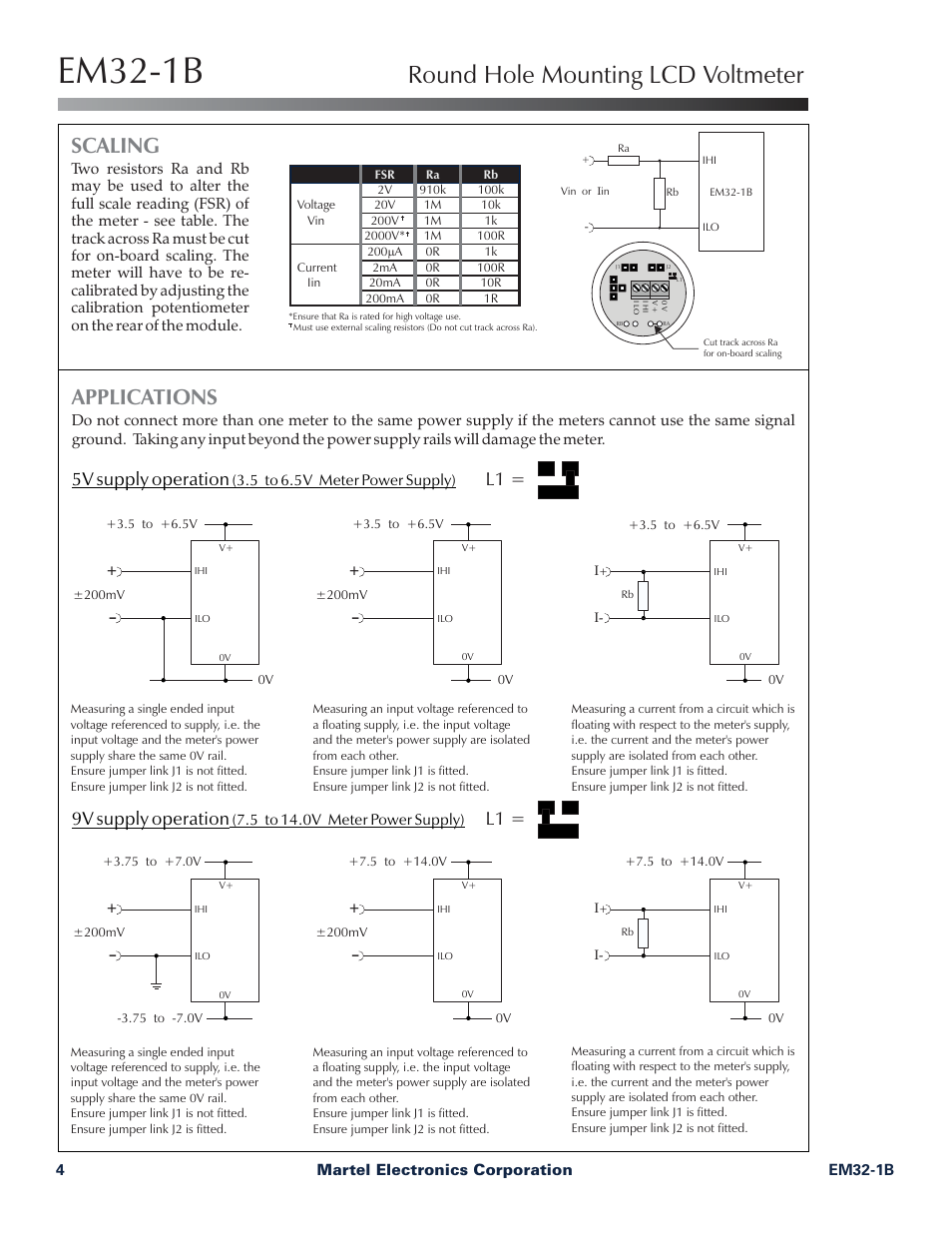Em32-1b, Round hole mounting lcd voltmeter, Scaling | Applications, 5v supply operation, 9v supply operation | Martel Electronics EM32-1B User Manual | Page 4 / 4