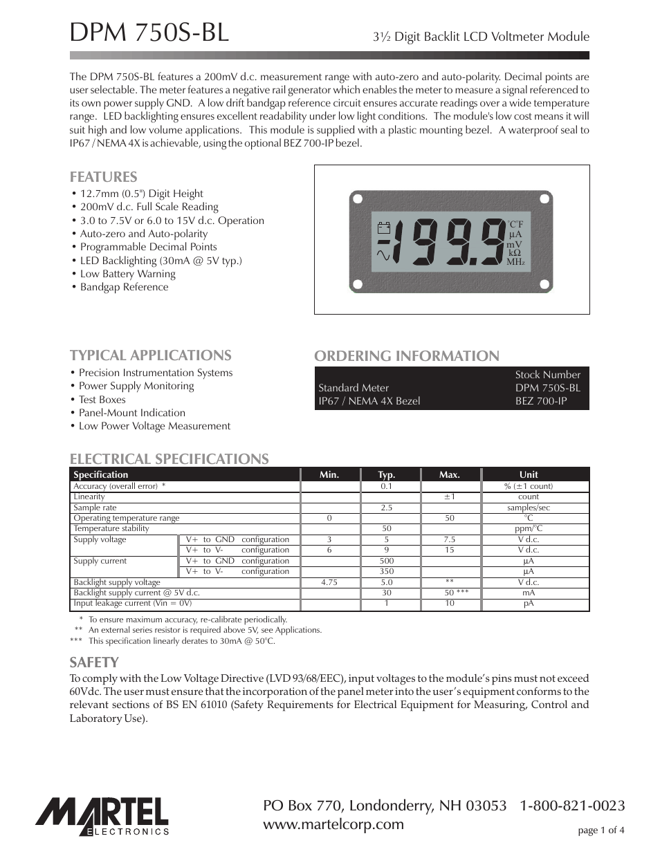 Martel Electronics DPM750S-BL User Manual | 4 pages