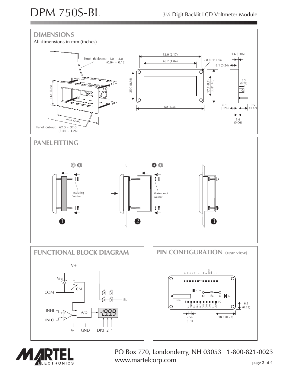 Dpm 750s-bl, Dimensions, Pin configuration | Functional block diagram, Panel fitting, 3½ digit backlit lcd voltmeter module, All dimensions in mm (inches), Rear view), Page 2 of 4 | Martel Electronics DPM750S-BL User Manual | Page 2 / 4