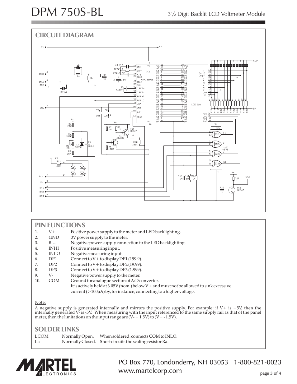 Dpm 750s-bl, Pin functions solder links, Circuit diagram | 3½ digit backlit lcd voltmeter module | Martel Electronics DPM750S-BL User Manual | Page 3 / 4