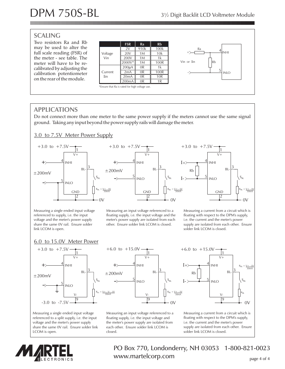 Dpm 750s-bl, Scaling, Applications | 3½ digit backlit lcd voltmeter module | Martel Electronics DPM750S-BL User Manual | Page 4 / 4