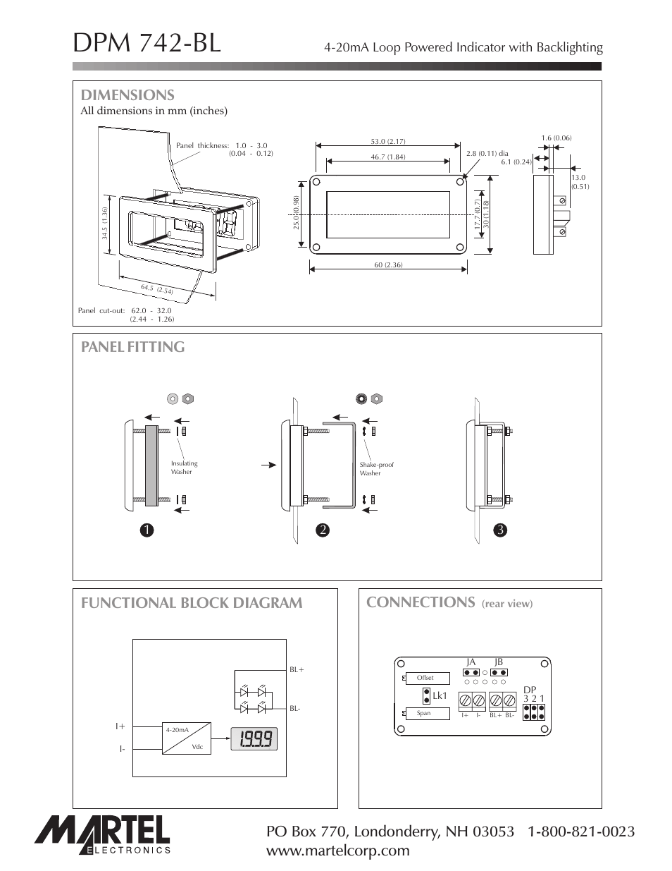 Dpm 742-bl, Dimensions, Connections | Functional block diagram, Panel fitting, 20ma loop powered indicator with backlighting 3 | Martel Electronics DPM742-BL User Manual | Page 2 / 4