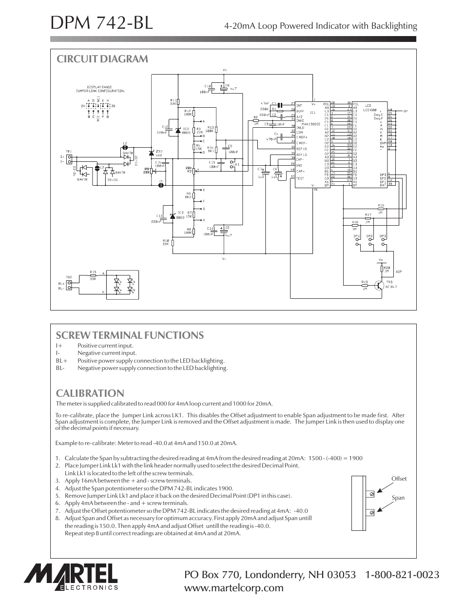 Dpm 742-bl, Screw terminal functions calibration, Circuit diagram | Martel Electronics DPM742-BL User Manual | Page 3 / 4