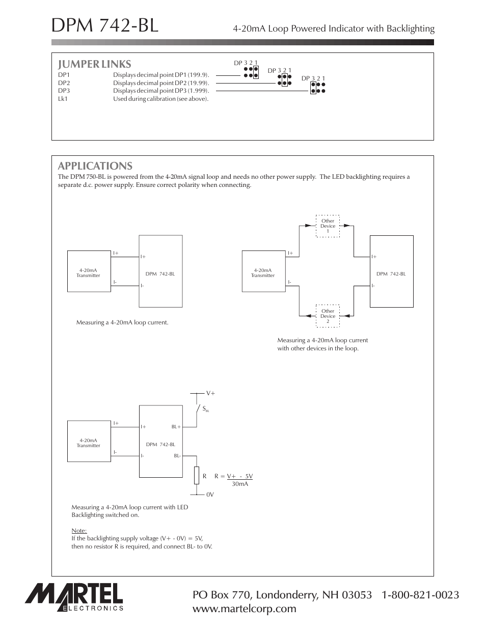 Dpm 742-bl, Jumper links, Applications | 20ma loop powered indicator with backlighting | Martel Electronics DPM742-BL User Manual | Page 4 / 4