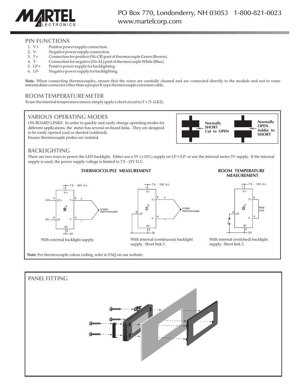 Pin functions room temperature meter, Various operating modes backlighting, Panel fitting | Martel Electronics DTM995 User Manual | Page 2 / 2