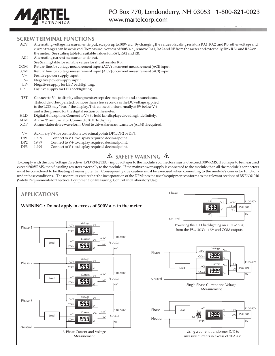 Applications, Screw terminal functions, Safety warning | Martel Electronics DPM970 User Manual | Page 2 / 2