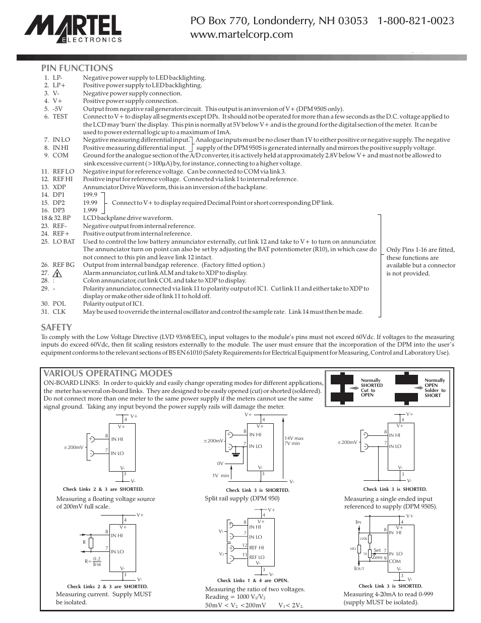 Pin functions, Safety various operating modes | Martel Electronics DPM950 User Manual | Page 2 / 2