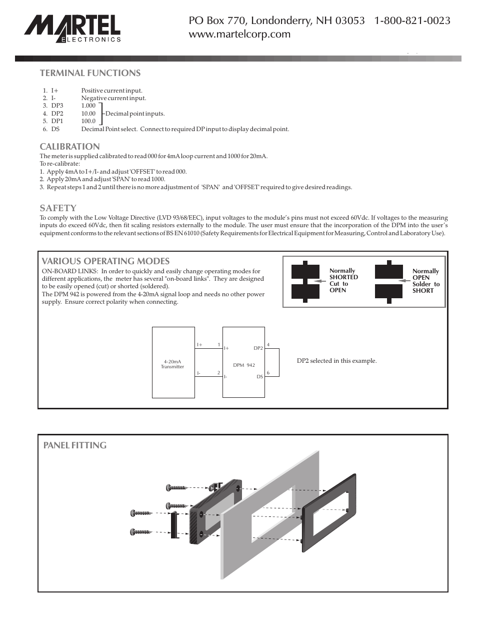 Terminal functions calibration safety, Various operating modes, Panel fitting | Martel Electronics DPM942 User Manual | Page 2 / 2