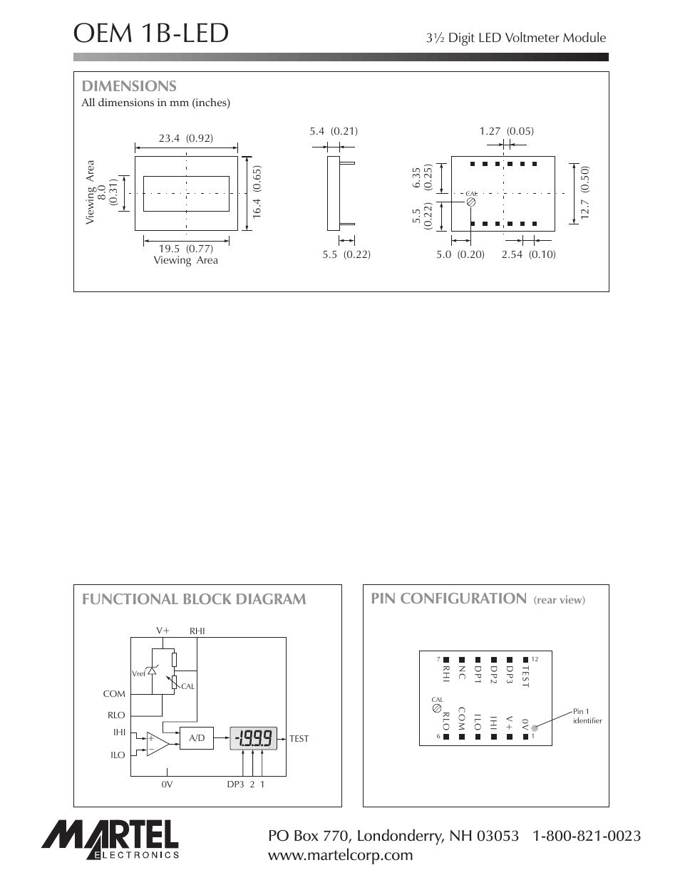 Oem 1b-led, Dimensions, Pin configuration | Functional block diagram, 3½ digit led voltmeter module | Martel Electronics OEM1B-LED User Manual | Page 2 / 4