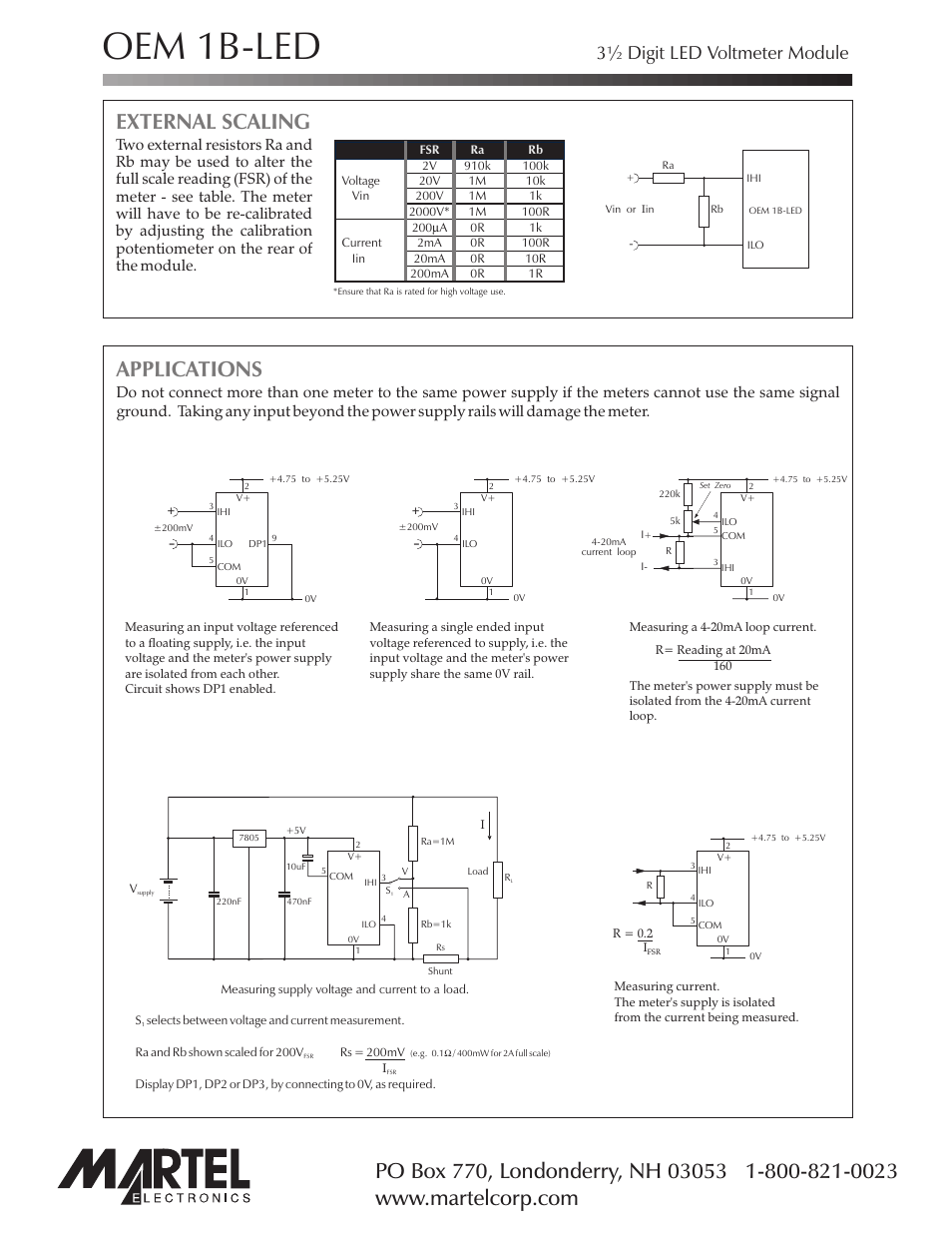 Oem 1b-led, External scaling, Applications | 3½ digit led voltmeter module, Page 4 of 4 | Martel Electronics OEM1B-LED User Manual | Page 4 / 4