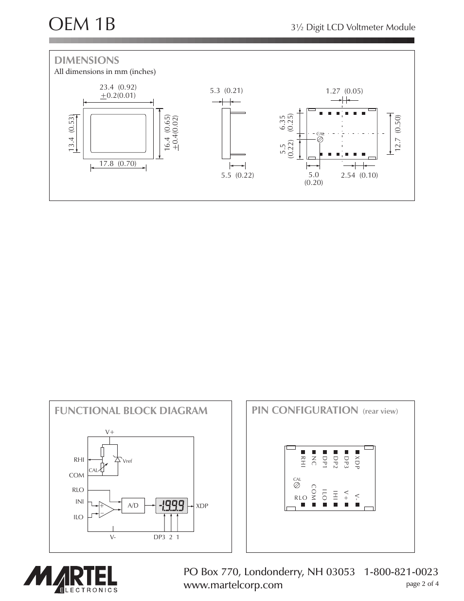 Oem 1b, Dimensions, Pin configuration | Functional block diagram, 3½ digit lcd voltmeter module | Martel Electronics OEM1B User Manual | Page 2 / 4