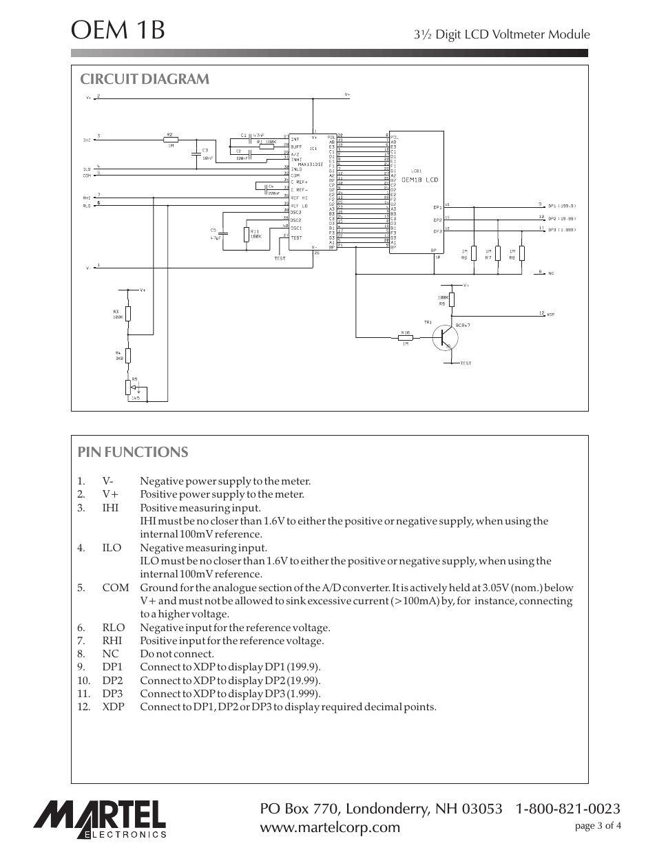 Oem 1b, Circuit diagram pin functions | Martel Electronics OEM1B User Manual | Page 3 / 4