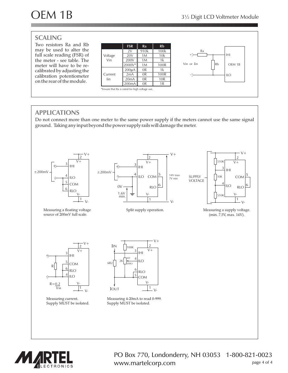 Oem 1b, Scaling, Applications | Martel Electronics OEM1B User Manual | Page 4 / 4
