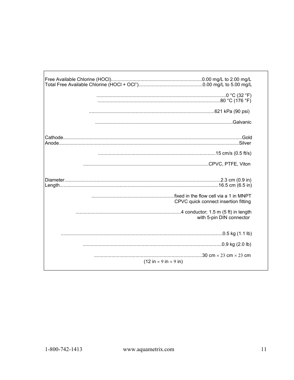 Specifications | Metex 8760CLP Total Free Chlorine & pH Analyzer User Manual | Page 11 / 71